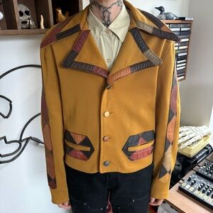 Vintage 70s Leather Patchwork Double Knit Polyester Blazer ~ Size Medium